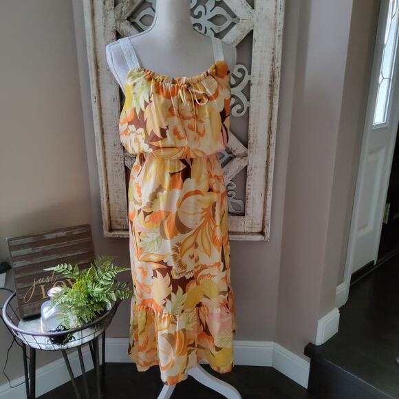 New Collective Concepts Sleeveless Crochet Trim Blouson Midi Dress Yellow Multi - Picture 2 of 13